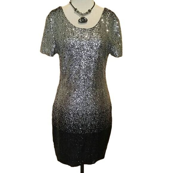 Adore Ombre Sequined Sheath Dress S Cocktail V-Back Black Silver Sparkle - Picture 1 of 5